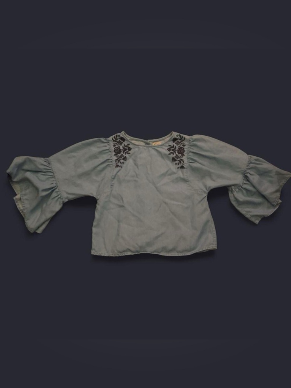 Hollister Light Blue Floral Embroidered Bell Sleeve Top - Kids